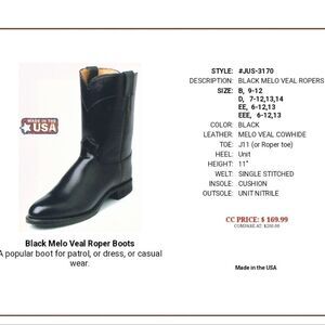 JUSTIN Black MELO-VEAL Roper Western Boot #3170